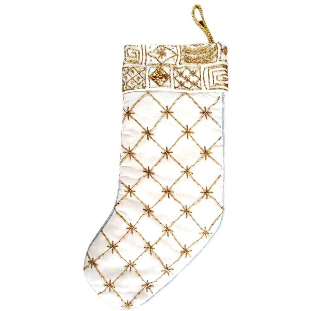 Unbranded Cream Velvet Christmas Stocking Gold Beading Elegant